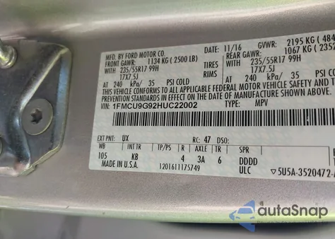 2017 Ford Escape Se из США, поврежденный, VIN 1FMCU9G92HUC22002